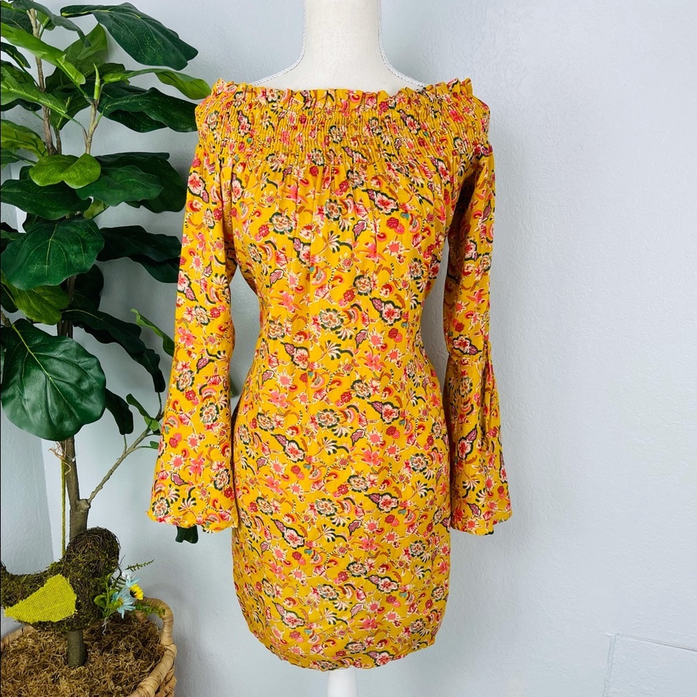 LOVE CHESLEY FLORAL MUSTARD YELLOW PAISLEY OFF SHOULDER SMOCKED LOOSE FIT DRESS